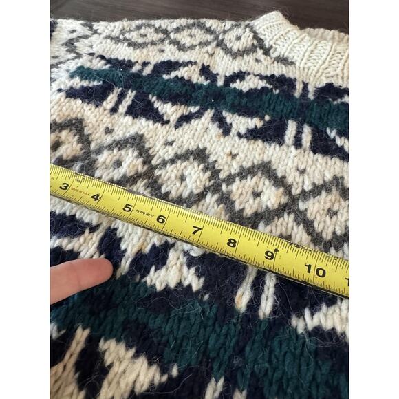 Llama Wool Sweater Mens Large Cream Green Hand Knit Ecuador Crewneck Chunky - Picture 8 of 9